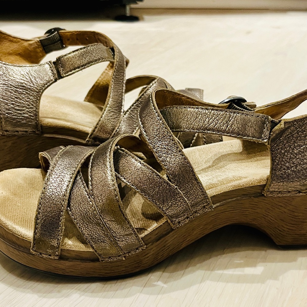 Dansko Metallic Bronze Strappy Wood Platform Sandals